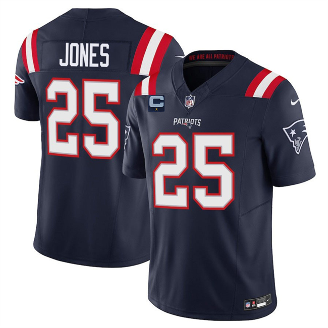 Men's New England Patriots #25 Marcus Jones Navy 2025 F.U.S.E. With 1-Star C Patch Vapor Limited Stitched Football Jersey
